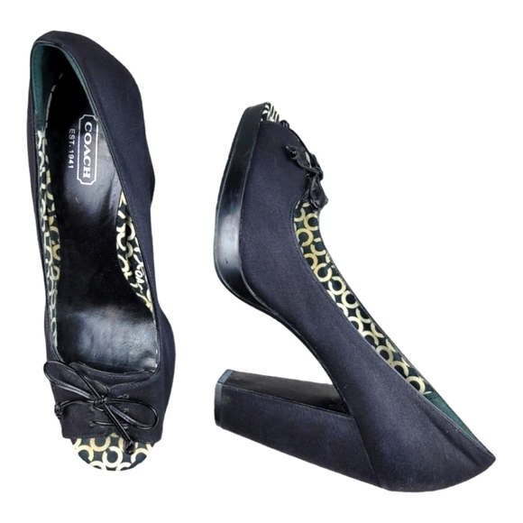 Coach "COREY" Peeptoe Cotton Twill Block Heel Pumps with front‎ top Bow - Picture 4 of 8